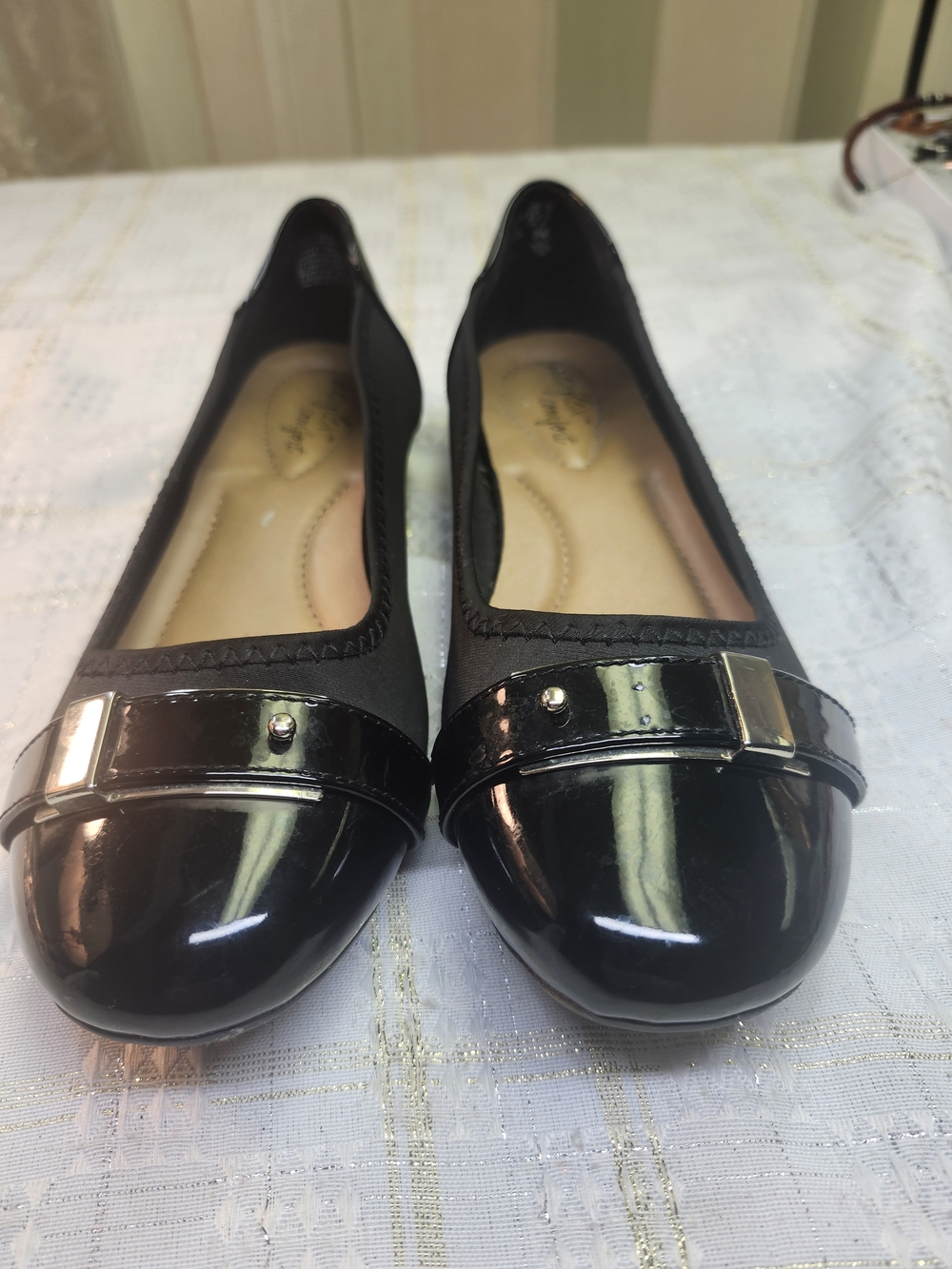 dexflex comfort Black Patent Cap-Toe Ballet Flats with Buckle